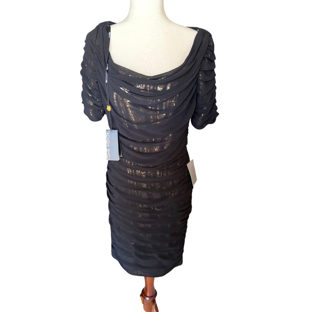 Tadashi Shoji black/gold Ruched Layered Sequin Cocktail Dress - size 8 - OC9